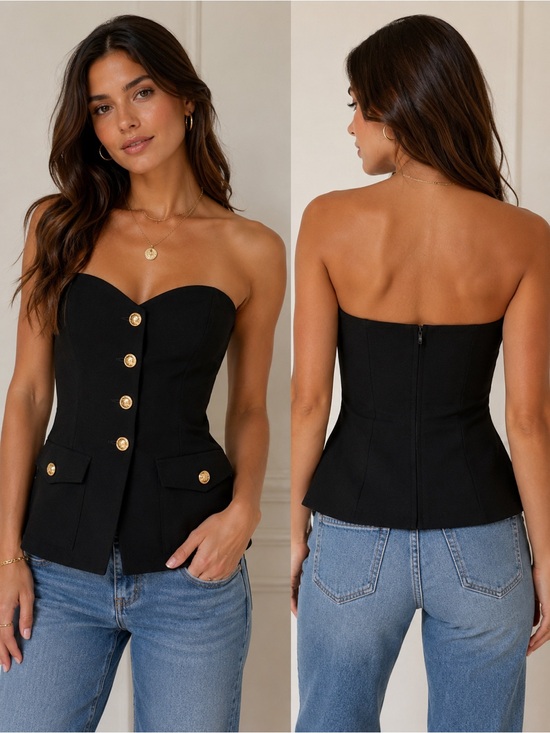 Astr Tops - Astr Black Strapless Corset Top with Gold Buttons